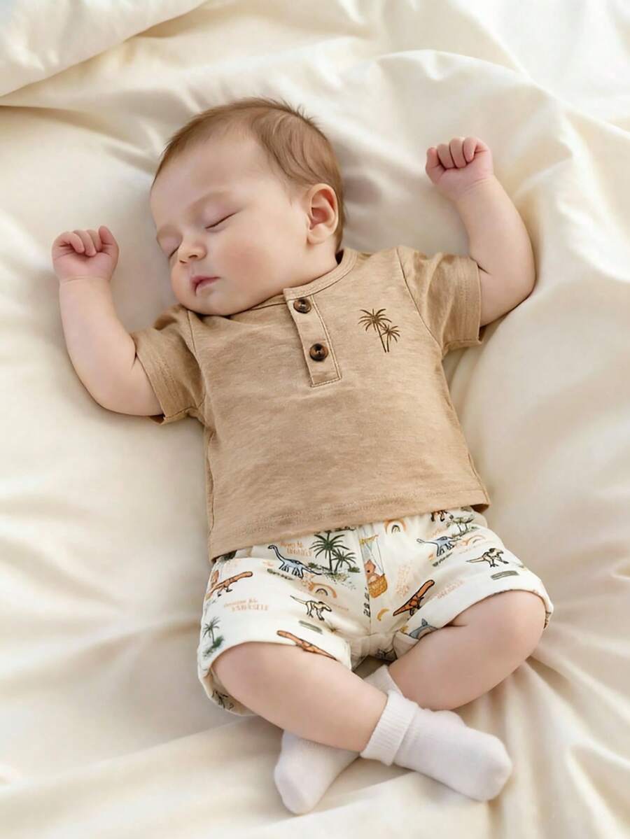 2PCS Baby Boy Coconut Tree Top and Dinosaur Shorts Set for Cute Summer Daily Wear