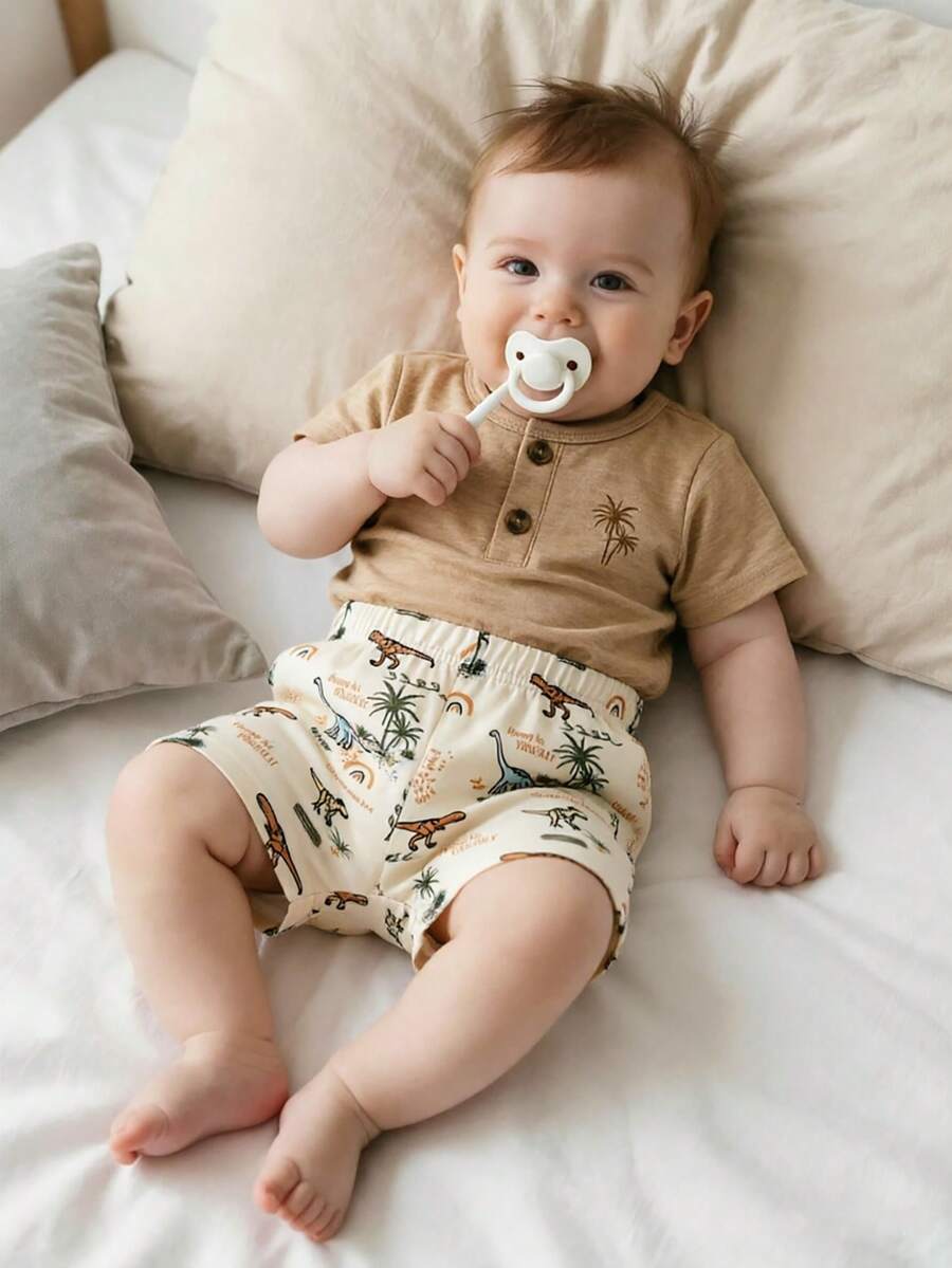 2PCS Baby Boy Coconut Tree Top and Dinosaur Shorts Set for Cute Summer Daily Wear