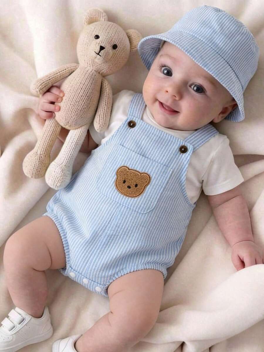 2PCS Baby Boy Striped T Shirt and Bear Suspender Shorts Set for Cute Summer Daily Wear