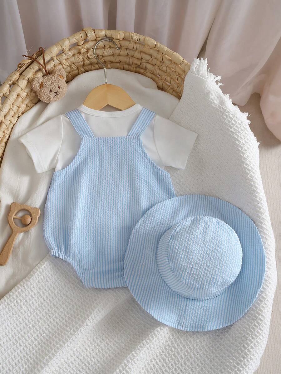 2PCS Baby Boy Striped T Shirt and Bear Suspender Shorts Set for Cute Summer Daily Wear