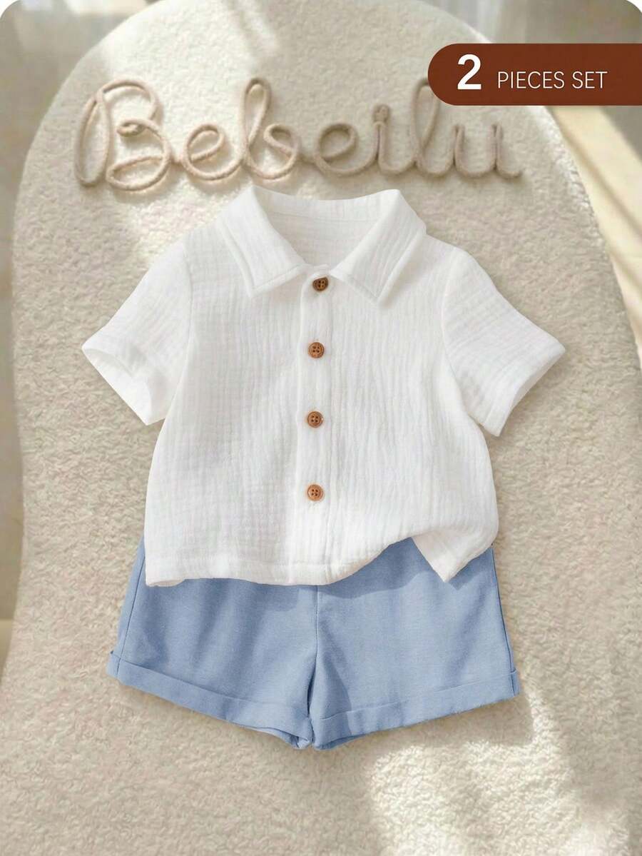 Baby Boy 2pcs Knit Jacquard Summer Set - Short Sleeve Shirt & Elastic Shorts