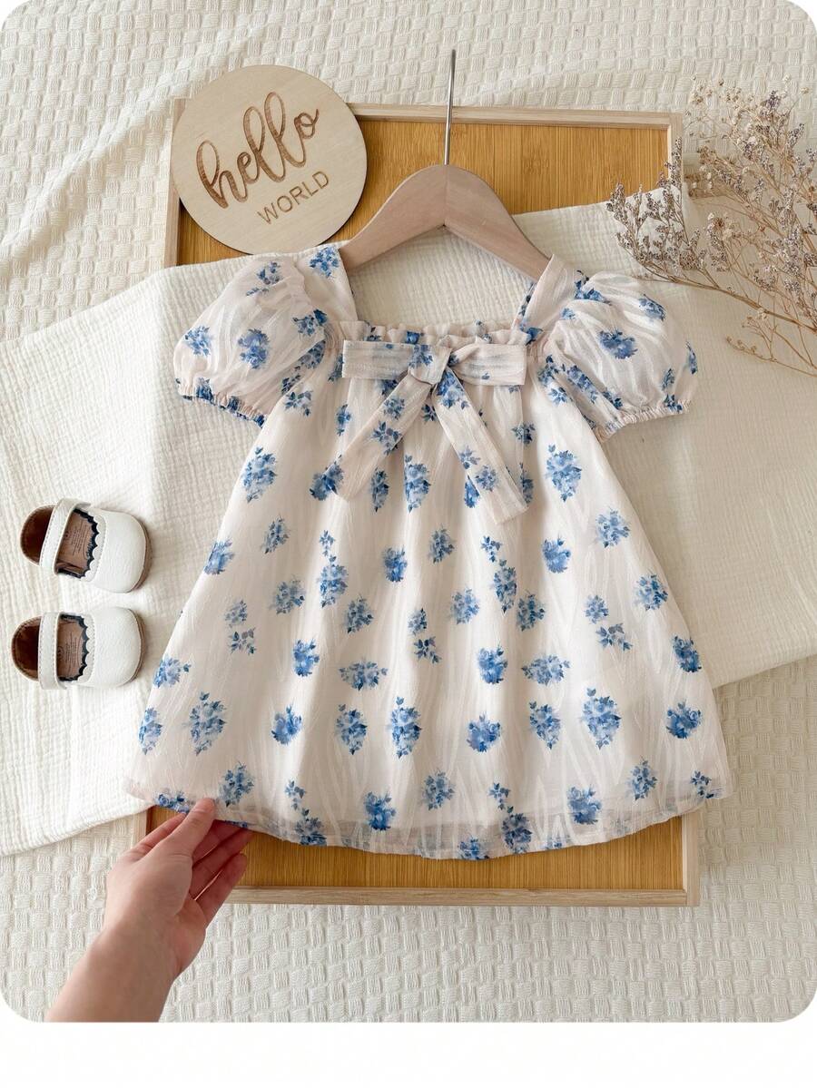 Baby Girl Plaid Bow Detail Short Sleeve Dress Cute Summer Vacation Outfit