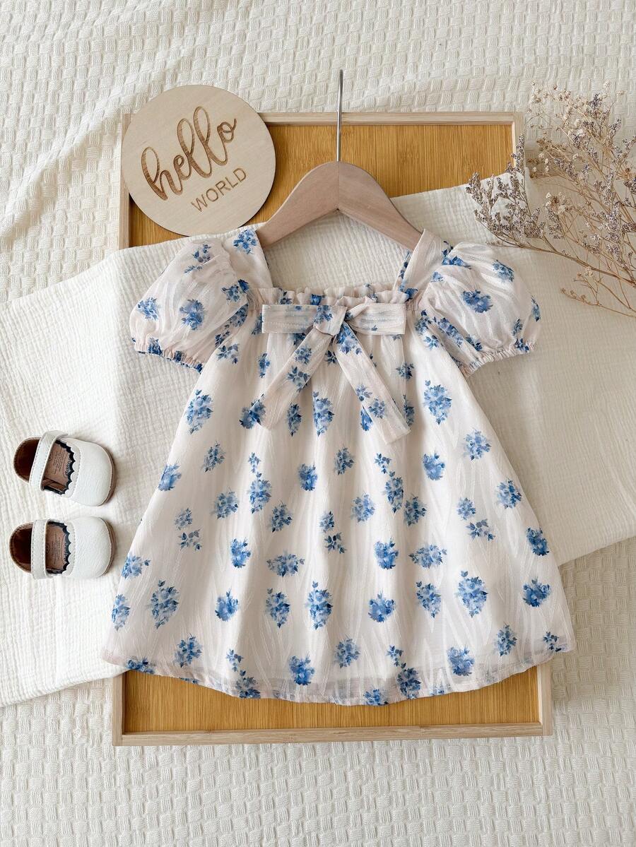 Green Plaid Short Sleeve Dress for Baby Girls - Cute Bow Accent Summer Outfit