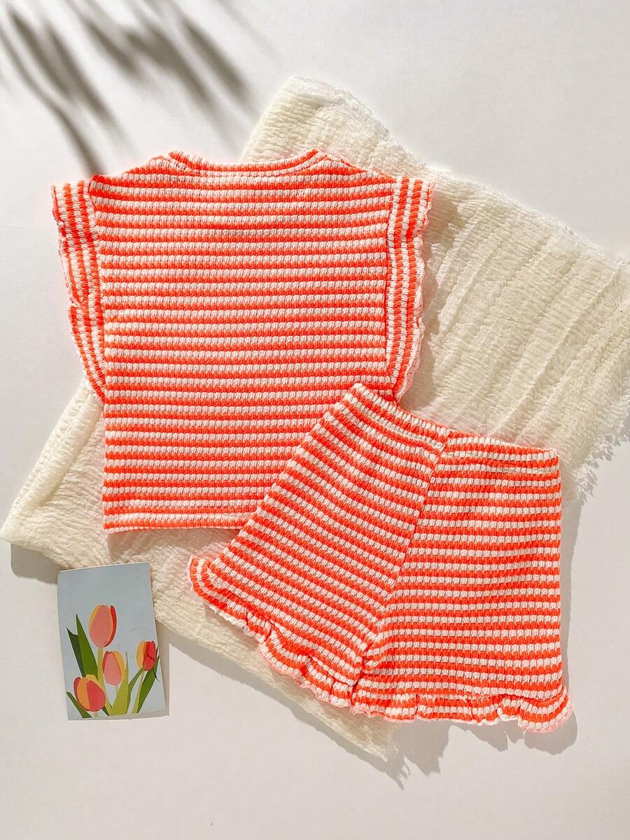 Baby Girl Black & White Striped Ruffle Sleeve T-Shirt & Shorts Set