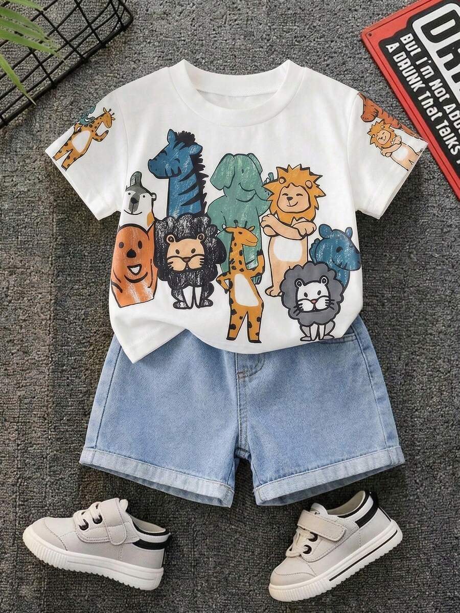 Baby Boy Animal Crayon Print T Shirt and Knitted Shorts 2 Piece Casual Spring Summer Outfit Set