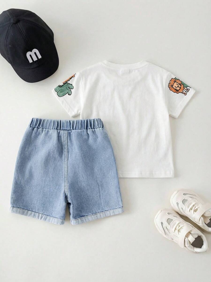 Baby Boy Animal Crayon Print T Shirt and Knitted Shorts 2 Piece Casual Spring Summer Outfit Set