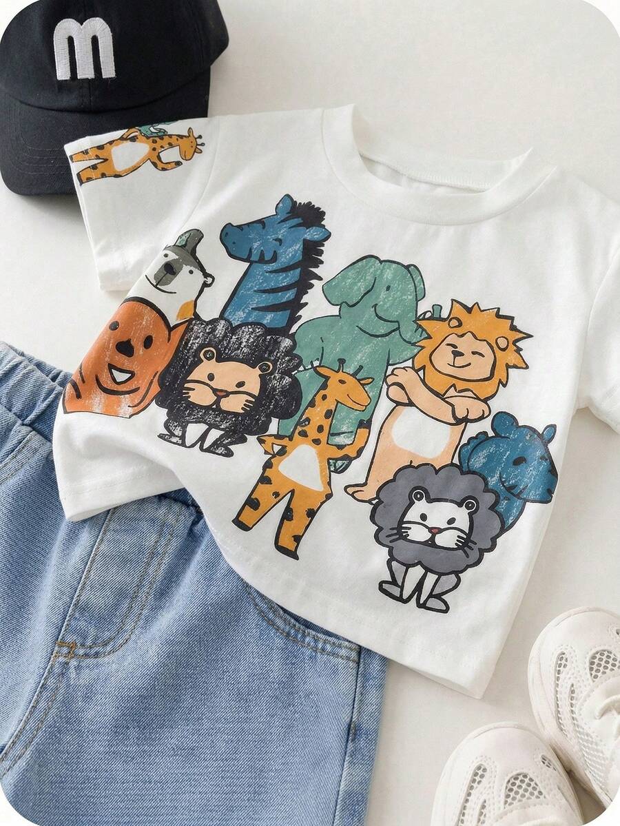 Baby Boy Animal Crayon Print T Shirt and Knitted Shorts 2 Piece Casual Spring Summer Outfit Set