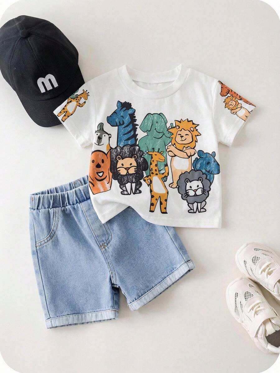 Baby Boy Animal Crayon Print T Shirt and Knitted Shorts 2 Piece Casual Spring Summer Outfit Set