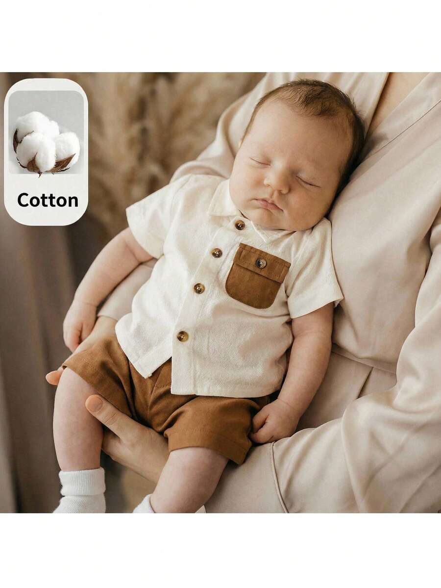 Baby Boy 2pcs Knit Jacquard Summer Set - Short Sleeve Shirt & Elastic Shorts