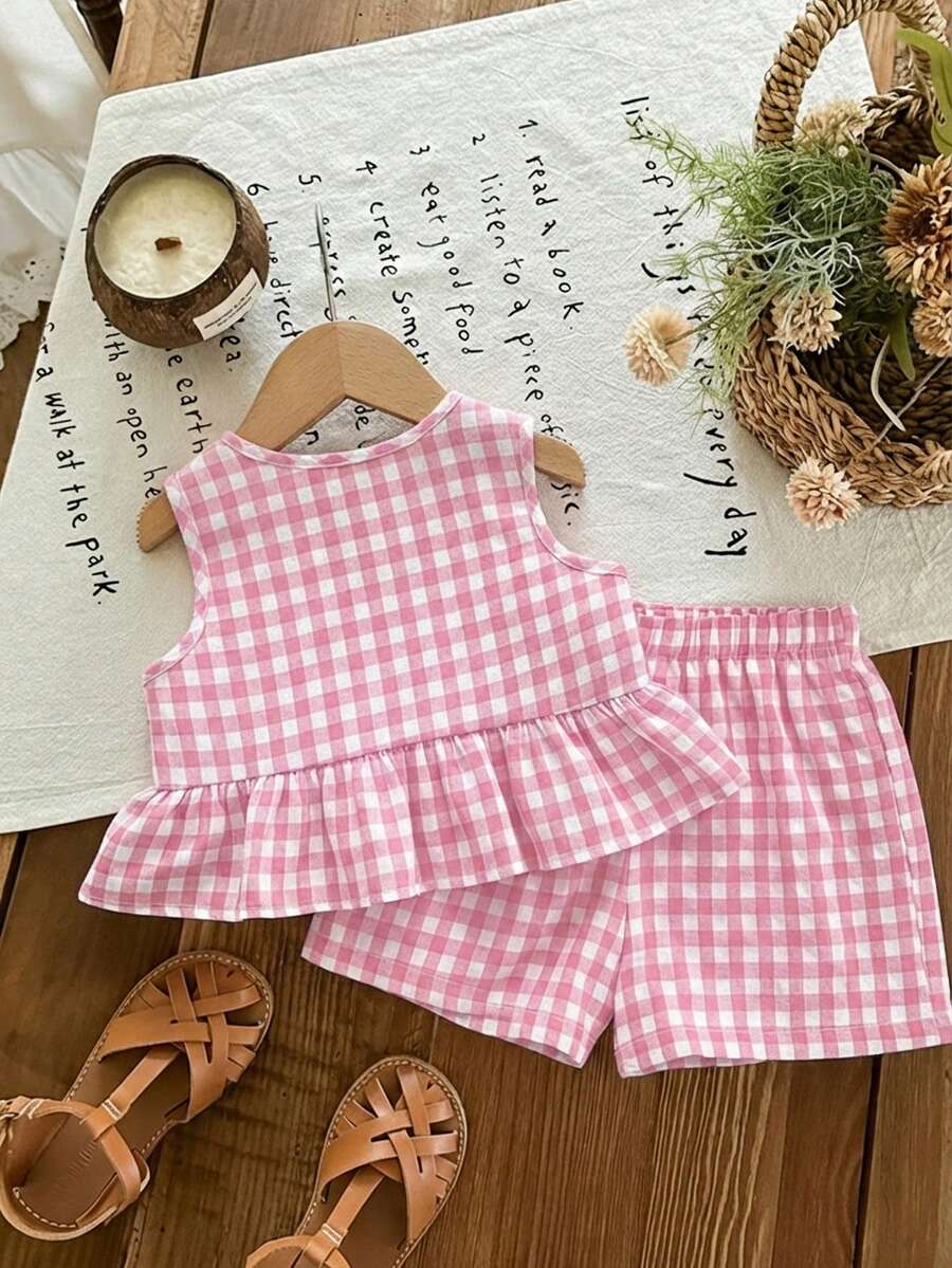 Plaid Bow Decor Outfit Set For Baby Girls Cute Ruffle Hem Summer Wear