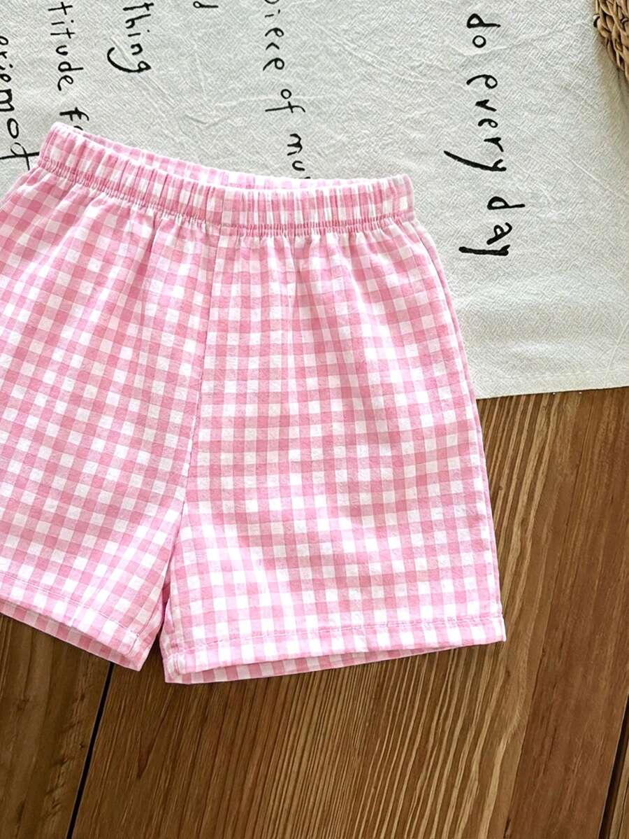 Plaid Bow Decor Outfit Set For Baby Girls Cute Ruffle Hem Summer Wear