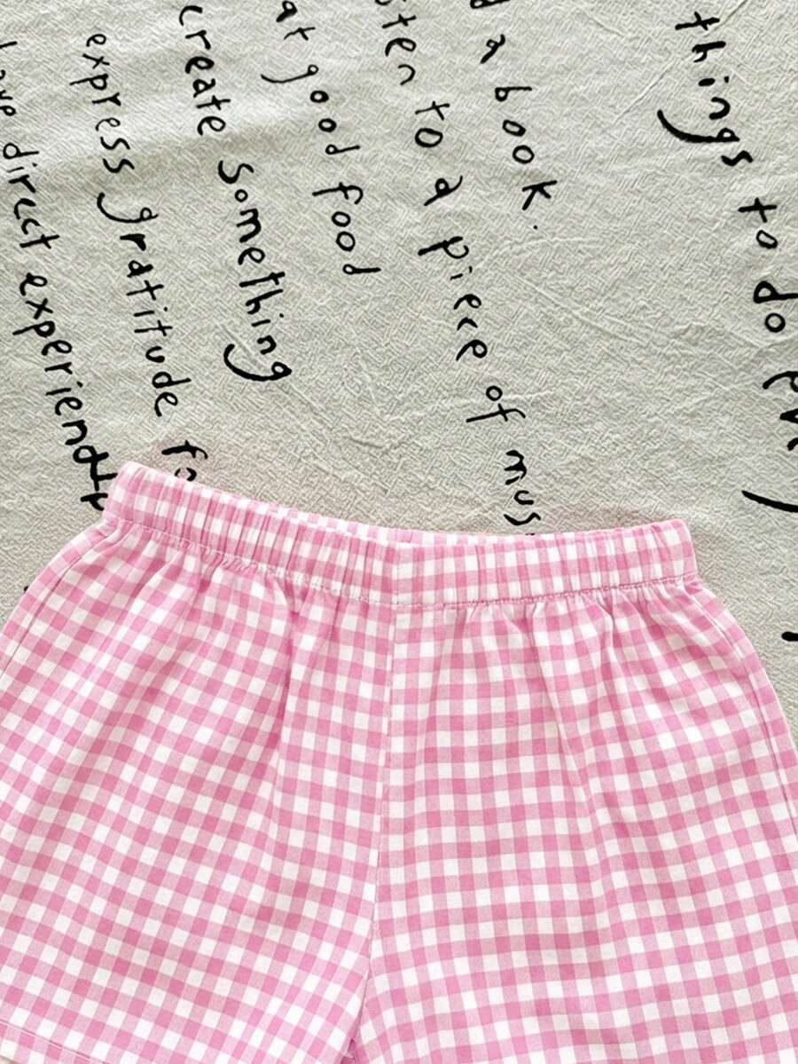 Plaid Bow Decor Outfit Set For Baby Girls Cute Ruffle Hem Summer Wear