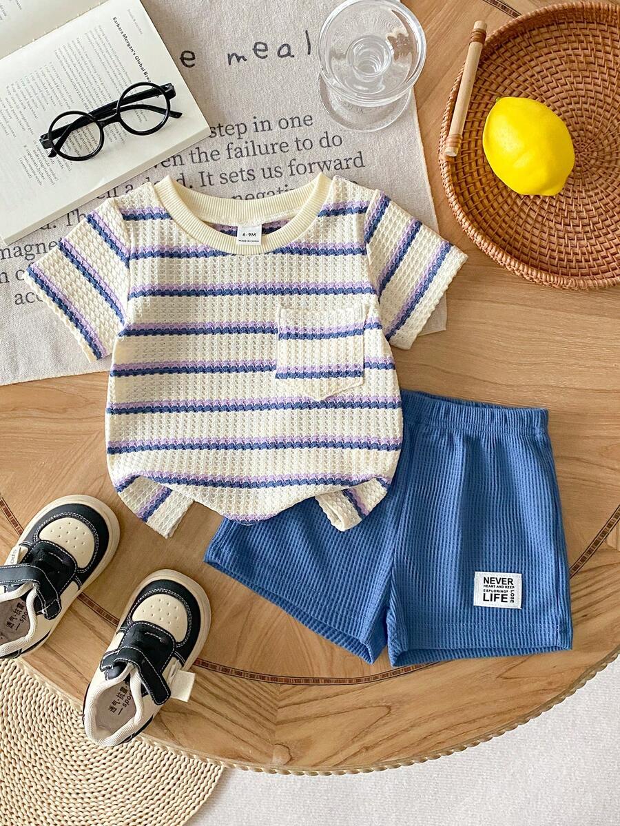 Infant Toddler Boys' Summer Outfit: Striped Waffle Tee and Letter Patch Shorts