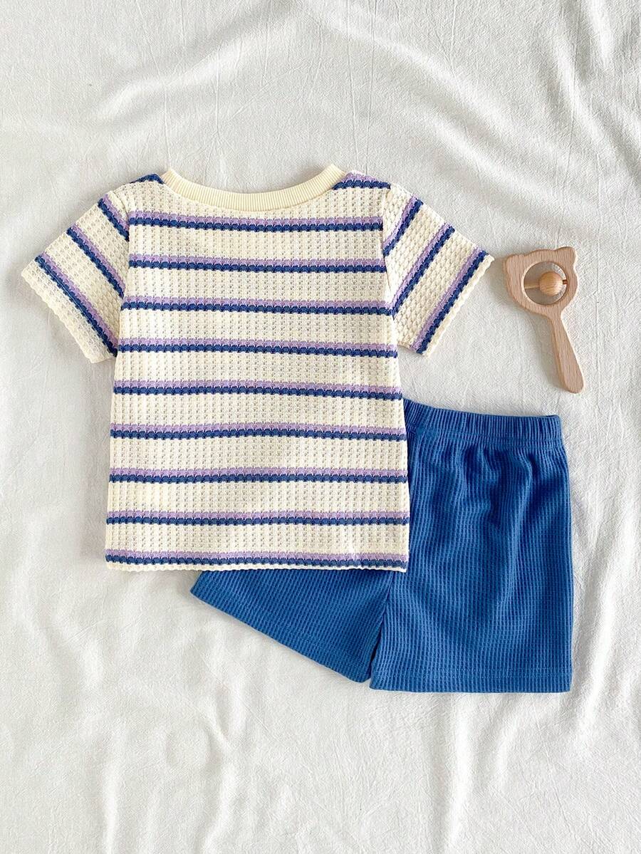 Infant Toddler Boys' Summer Outfit: Striped Waffle Tee and Letter Patch Shorts