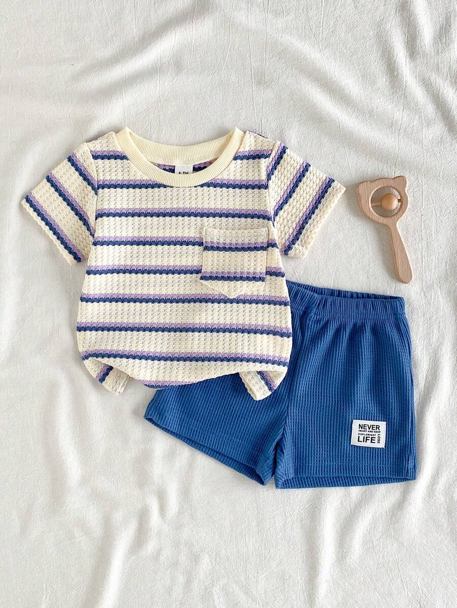 Infant Toddler Boys' Summer Outfit: Striped Waffle Tee and Letter Patch Shorts