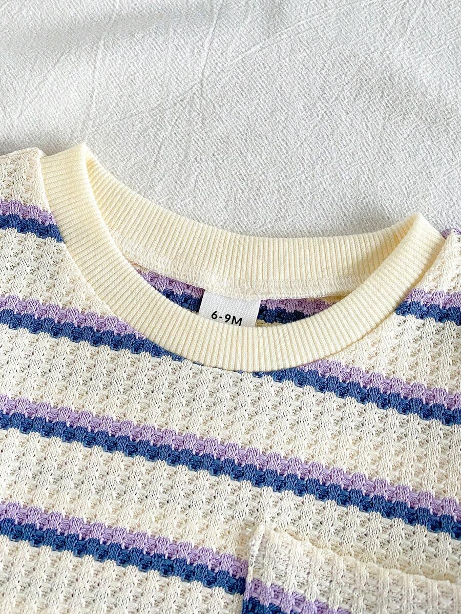 Infant Toddler Boys' Summer Outfit: Striped Waffle Tee and Letter Patch Shorts