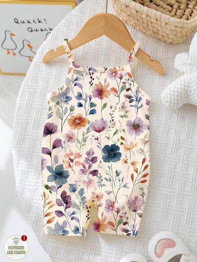 Baby Girl Bohemian Floral Romper Sleeveless Apricot Vacation Outfit