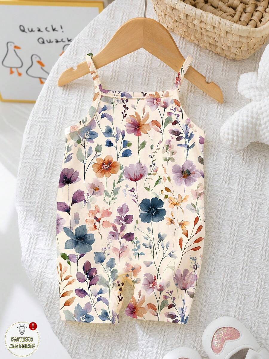 Baby Girl Bohemian Floral Romper Sleeveless Apricot Vacation Outfit