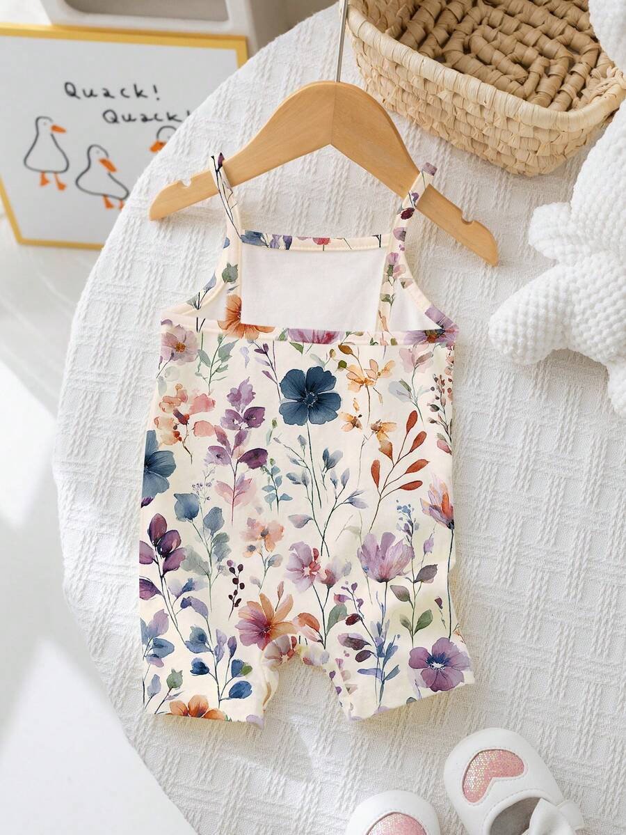 Baby Girl Bohemian Floral Romper Sleeveless Apricot Vacation Outfit