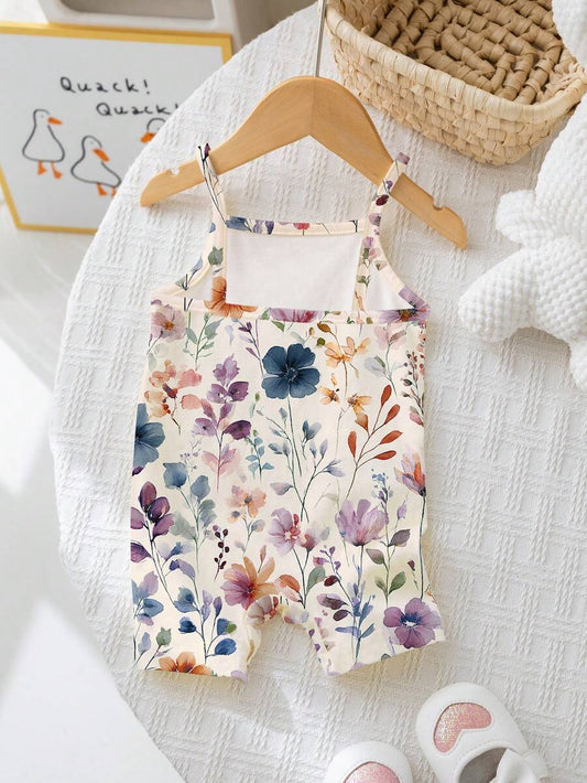 Baby Girl Bohemian Floral Romper Sleeveless Apricot Vacation Outfit