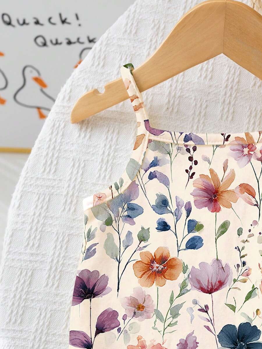 Baby Girl Bohemian Floral Romper Sleeveless Apricot Vacation Outfit
