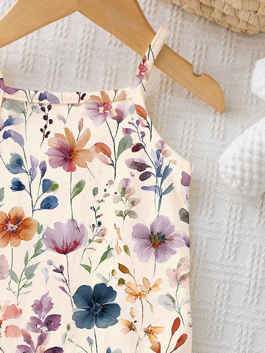 Baby Girl Bohemian Floral Romper Sleeveless Apricot Vacation Outfit