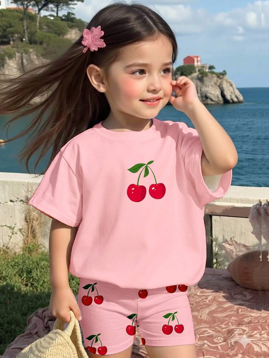 Lemon Fruit & Letter Print Short Sleeve Top and Shorts Set for Baby Girls