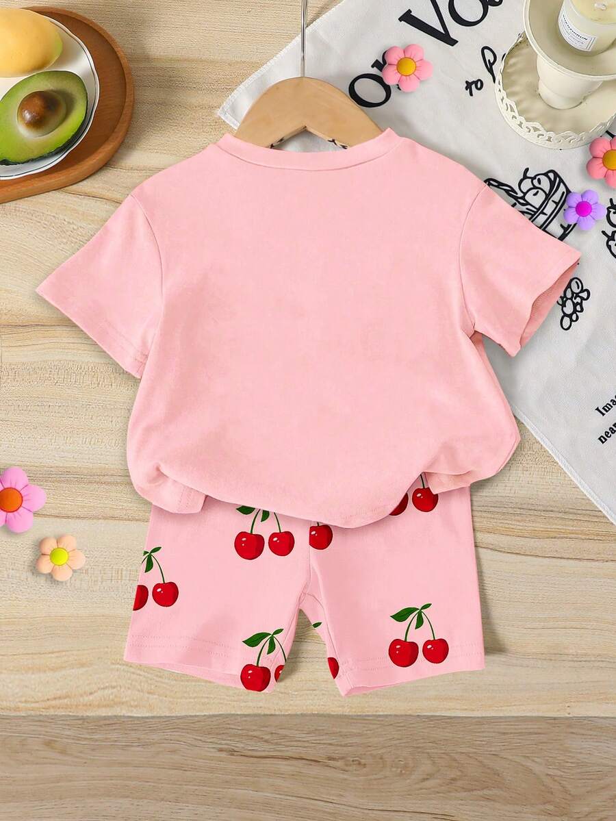 Lemon Fruit & Letter Print Short Sleeve Top and Shorts Set for Baby Girls