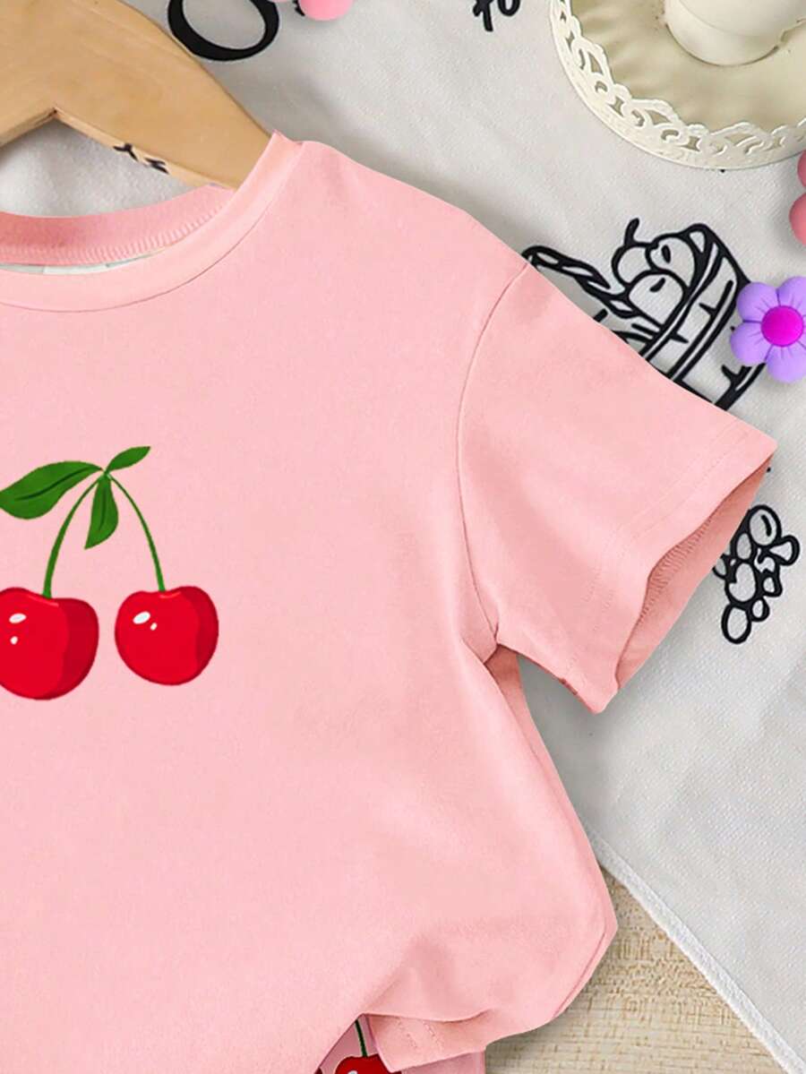 Lemon Fruit & Letter Print Short Sleeve Top and Shorts Set for Baby Girls