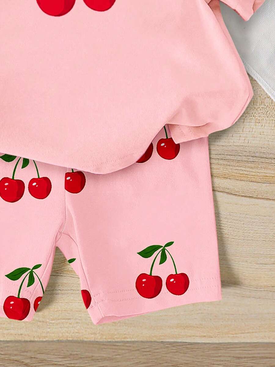 Lemon Fruit & Letter Print Short Sleeve Top and Shorts Set for Baby Girls