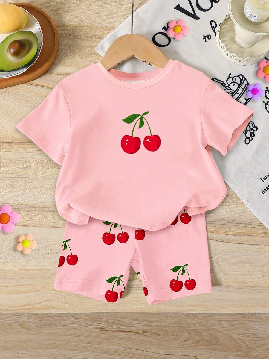 Lemon Fruit & Letter Print Short Sleeve Top and Shorts Set for Baby Girls