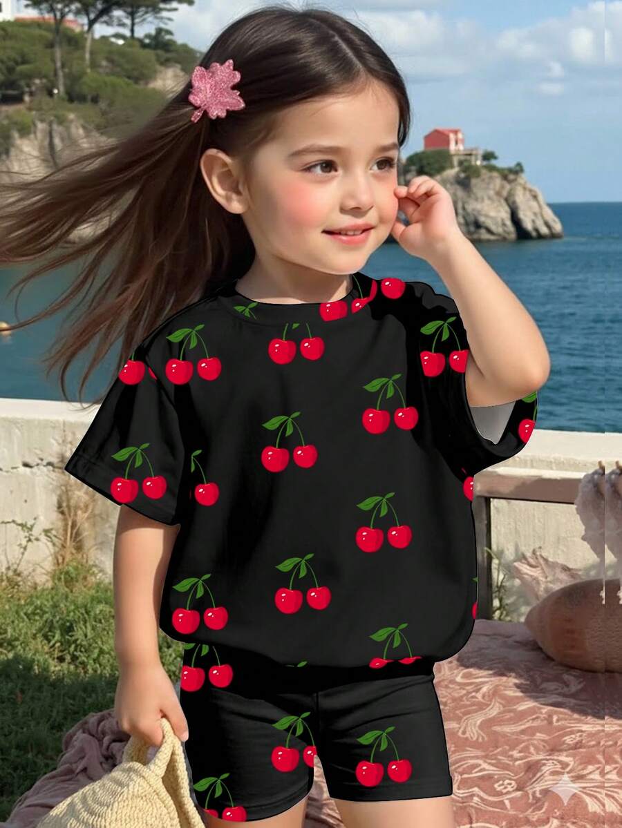 Lemon Fruit & Letter Print Short Sleeve Top and Shorts Set for Baby Girls