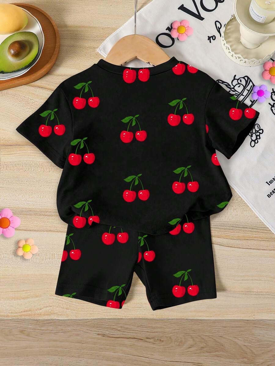 Lemon Fruit & Letter Print Short Sleeve Top and Shorts Set for Baby Girls