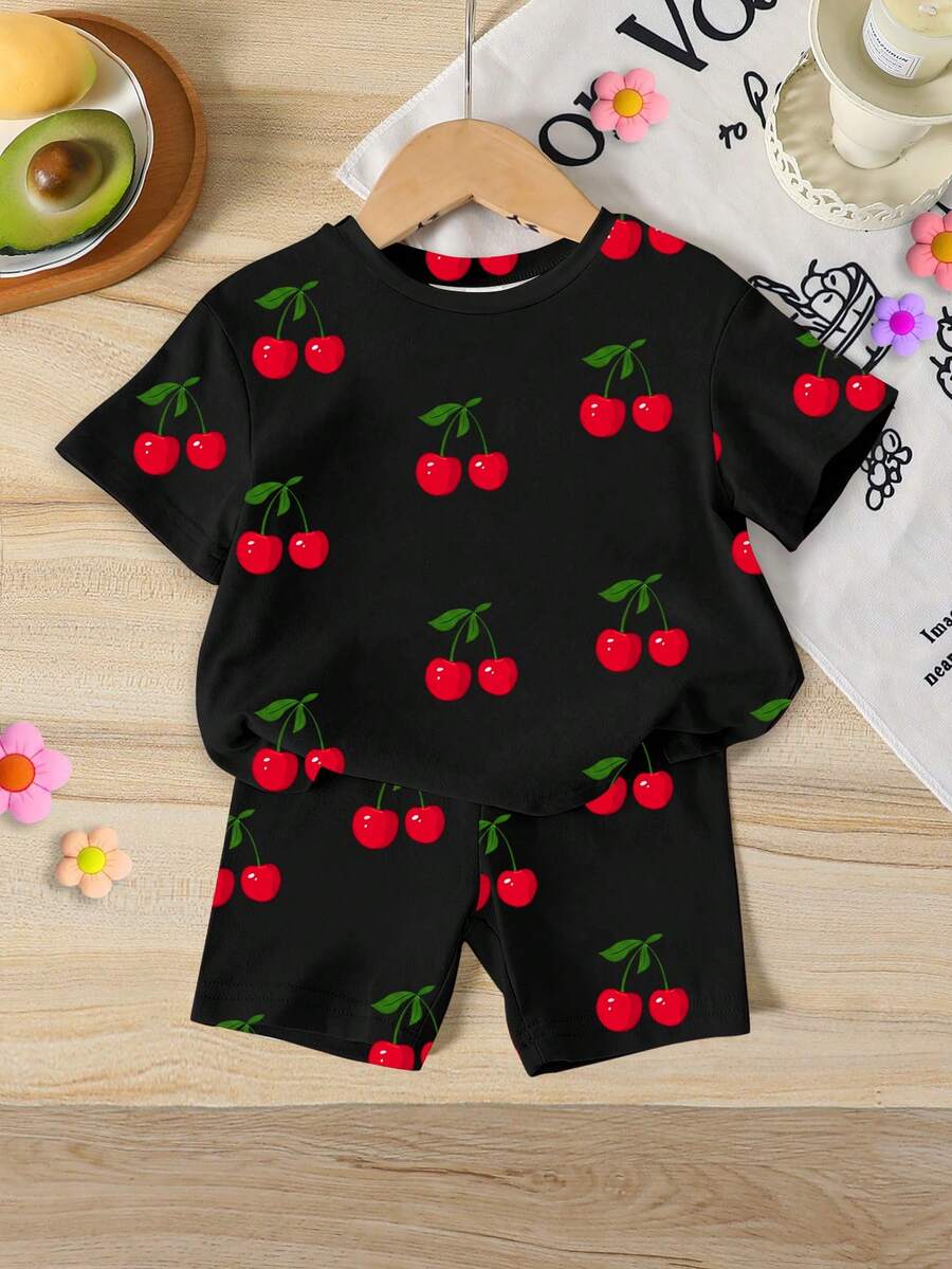 Lemon Fruit & Letter Print Short Sleeve Top and Shorts Set for Baby Girls