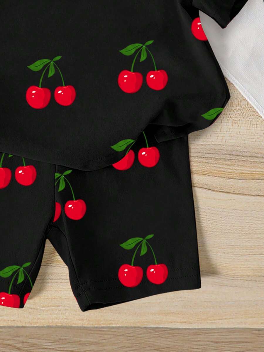 Lemon Fruit & Letter Print Short Sleeve Top and Shorts Set for Baby Girls