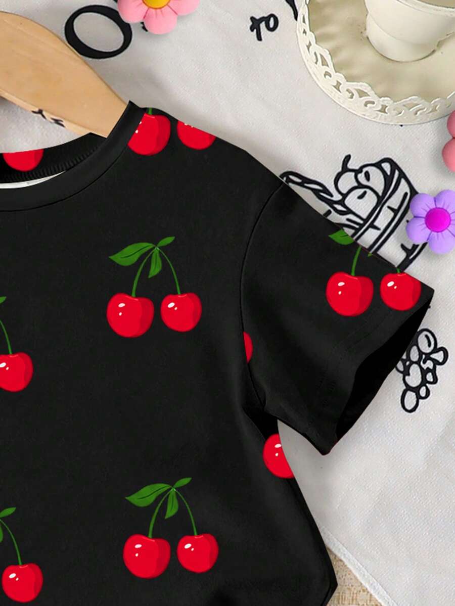 Lemon Fruit & Letter Print Short Sleeve Top and Shorts Set for Baby Girls