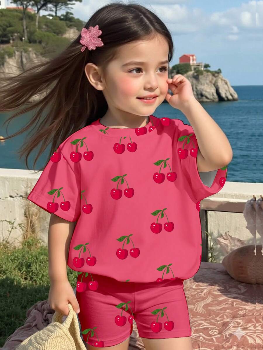 Lemon Fruit & Letter Print Short Sleeve Top and Shorts Set for Baby Girls