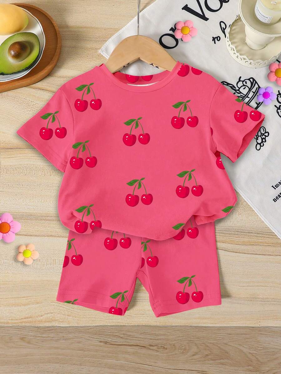 Lemon Fruit & Letter Print Short Sleeve Top and Shorts Set for Baby Girls