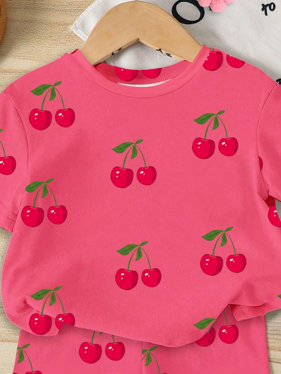 Lemon Fruit & Letter Print Short Sleeve Top and Shorts Set for Baby Girls