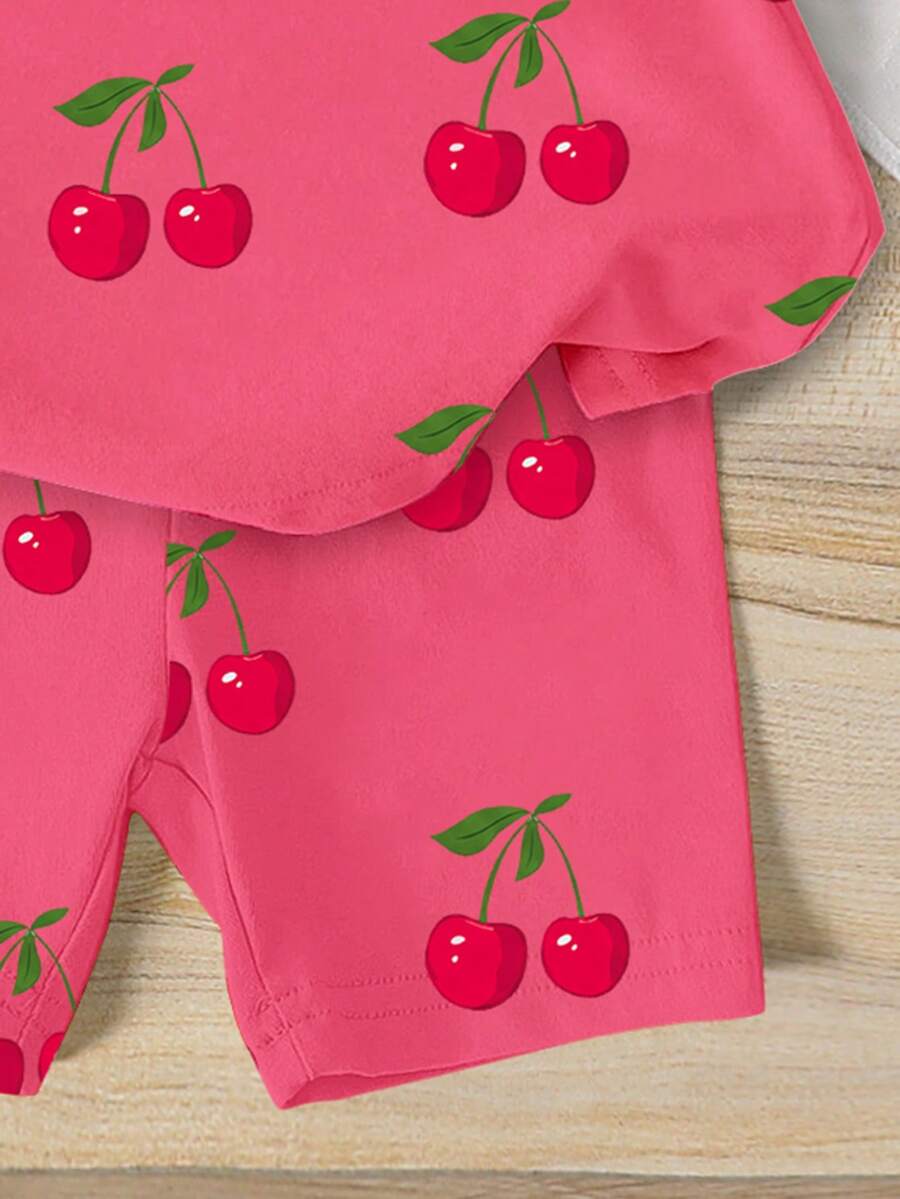 Lemon Fruit & Letter Print Short Sleeve Top and Shorts Set for Baby Girls