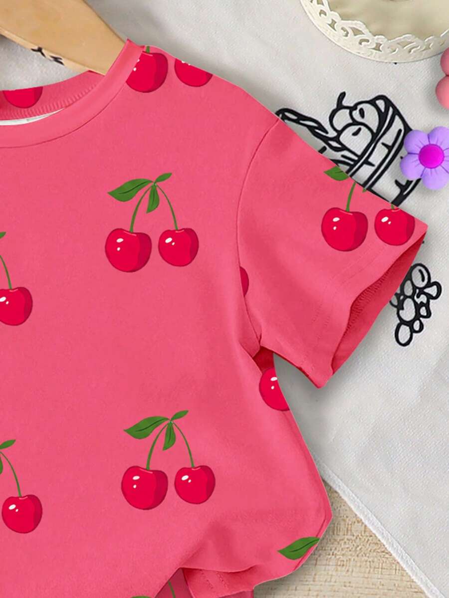 Lemon Fruit & Letter Print Short Sleeve Top and Shorts Set for Baby Girls