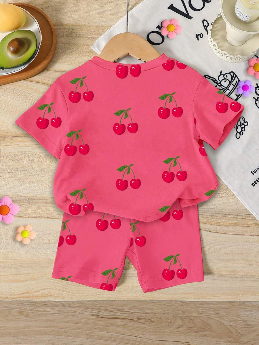 Lemon Fruit & Letter Print Short Sleeve Top and Shorts Set for Baby Girls