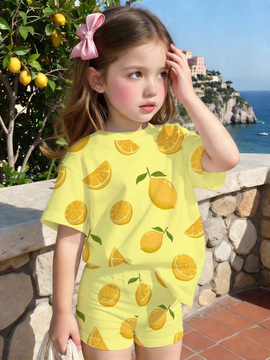 Lemon Fruit & Letter Print Short Sleeve Top and Shorts Set for Baby Girls