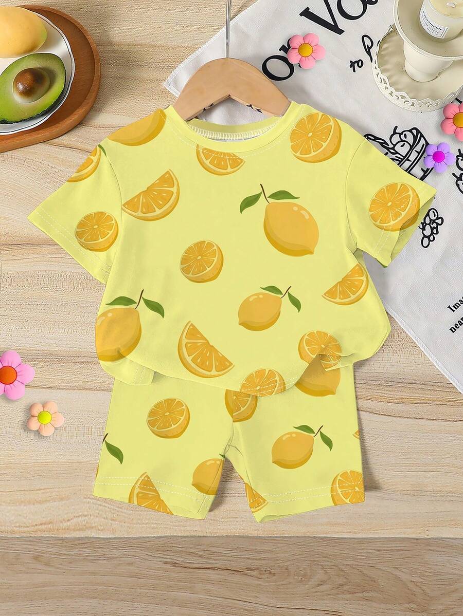 Lemon Fruit & Letter Print Short Sleeve Top and Shorts Set for Baby Girls