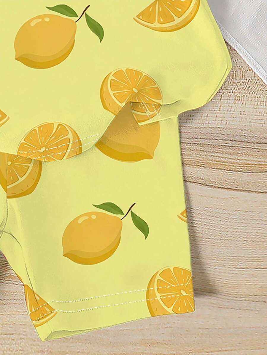 Lemon Fruit & Letter Print Short Sleeve Top and Shorts Set for Baby Girls