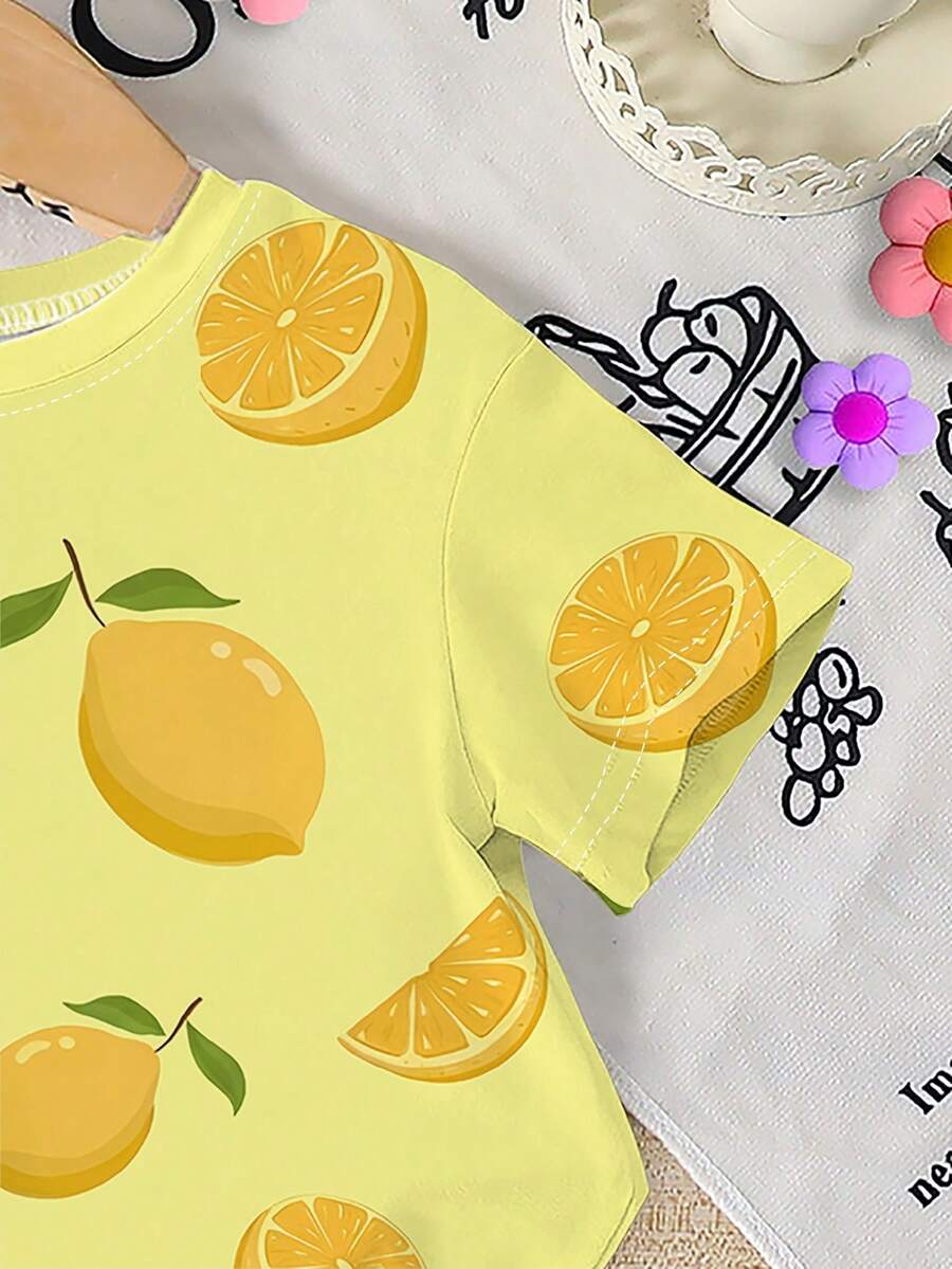 Lemon Fruit & Letter Print Short Sleeve Top and Shorts Set for Baby Girls