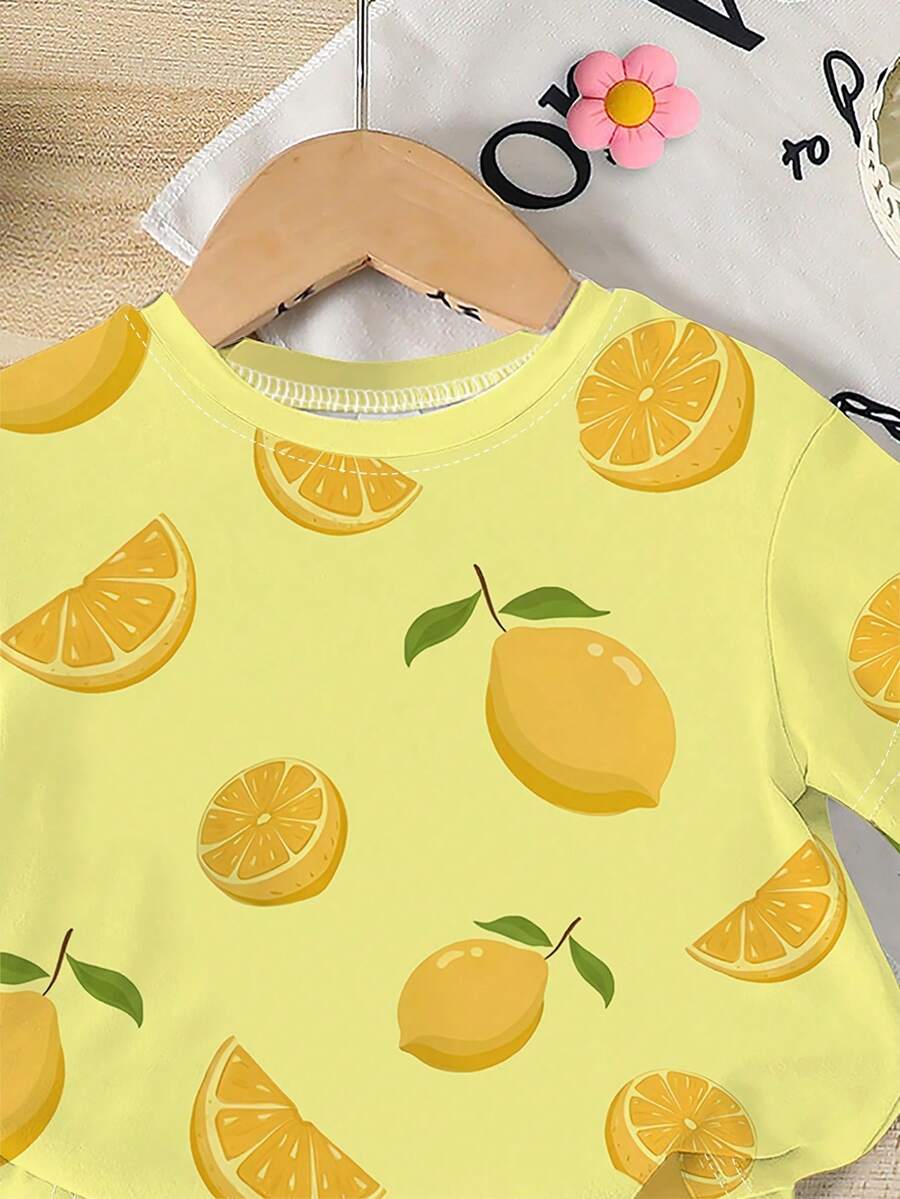 Lemon Fruit & Letter Print Short Sleeve Top and Shorts Set for Baby Girls