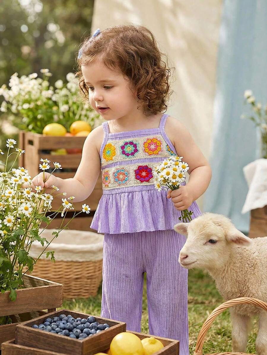 Delicate Strap Top And Solid Pants Set For Toddler Girls Casual Outfit