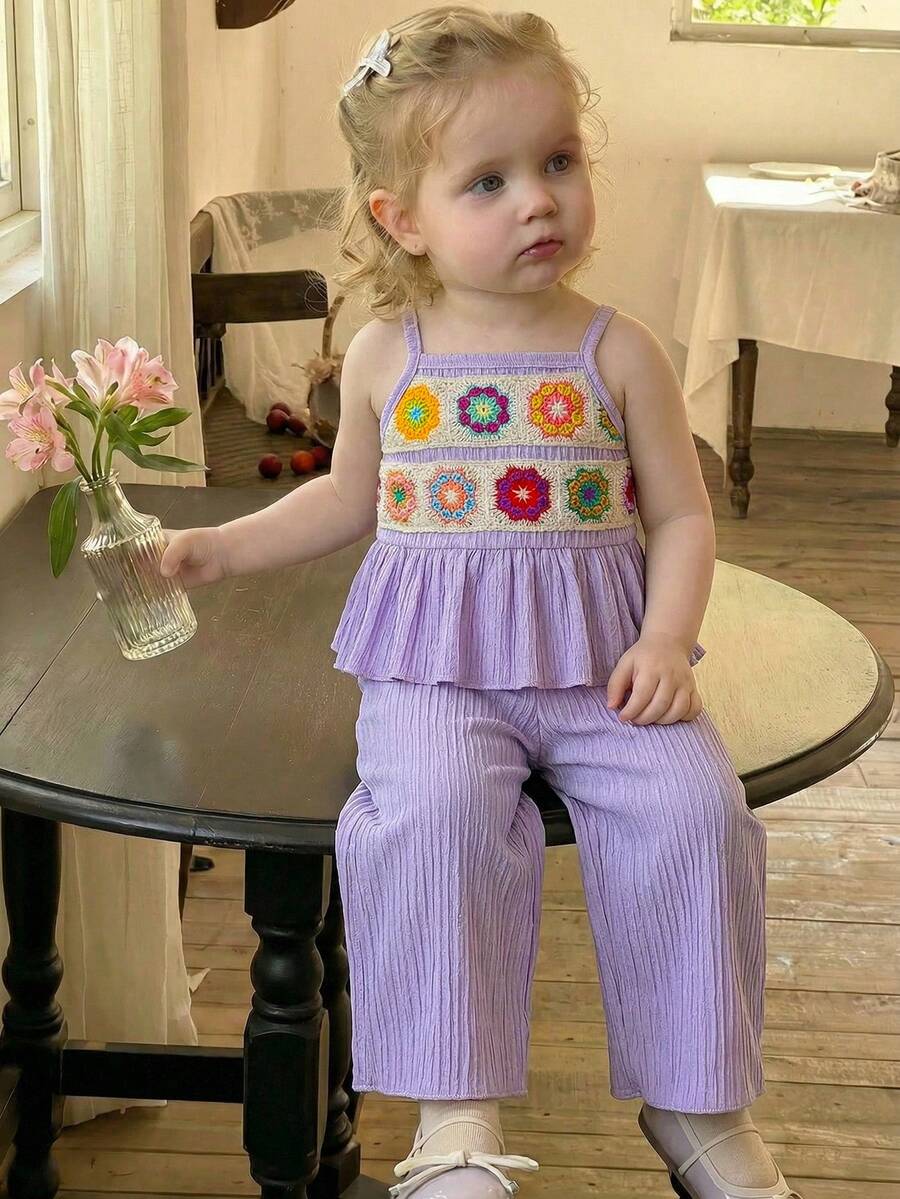 Delicate Strap Top And Solid Pants Set For Toddler Girls Casual Outfit