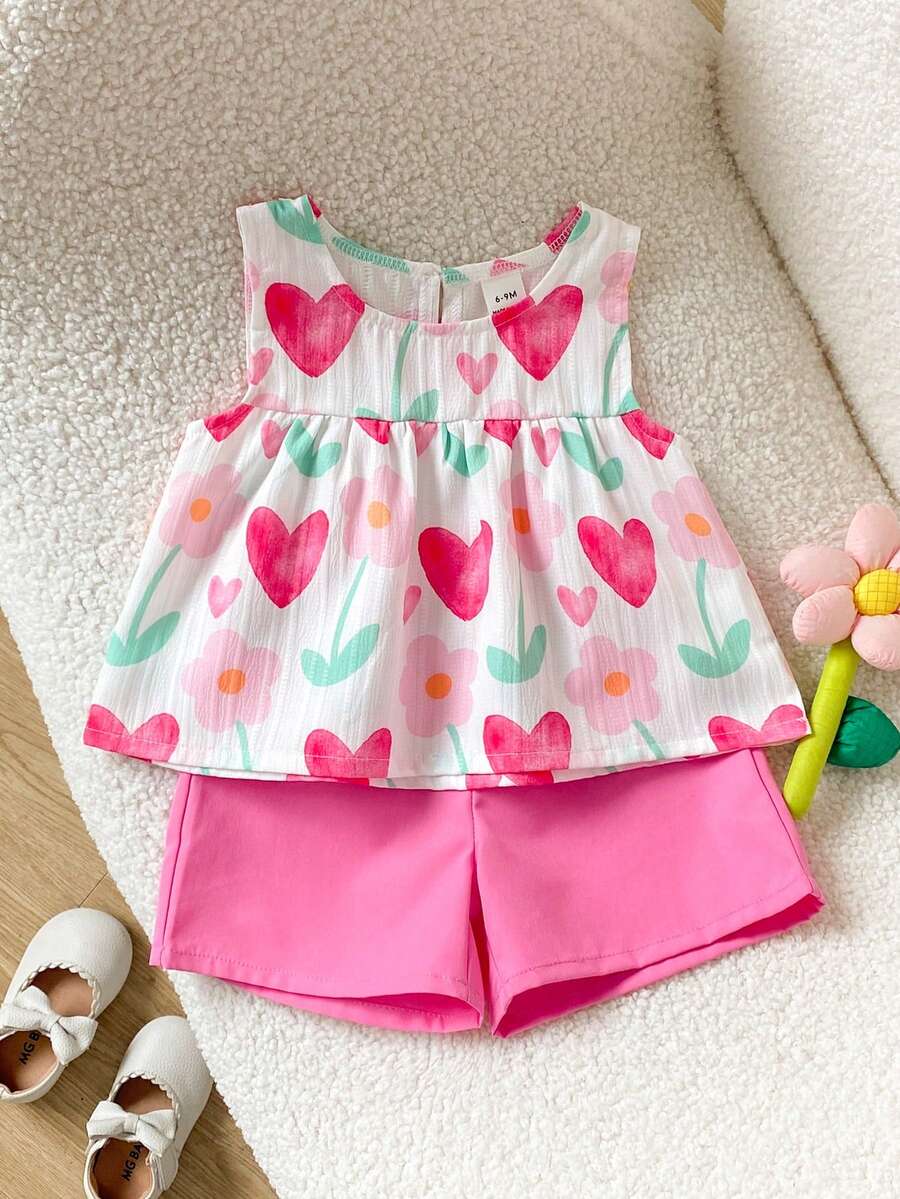 Cherry Print Sleeveless Top and Red Shorts Set for Baby Girls